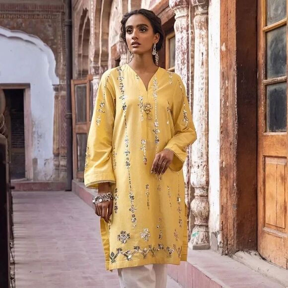 ETHNIC PK PAKISTANI DESIGNER EMBROIDERED SHIRT KURTA - Picture 1 of 10